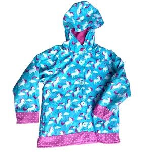 Western Chief Girl's Unicorn Hooded Rain Jacket Pink & Teal Waterproof -Size 6T